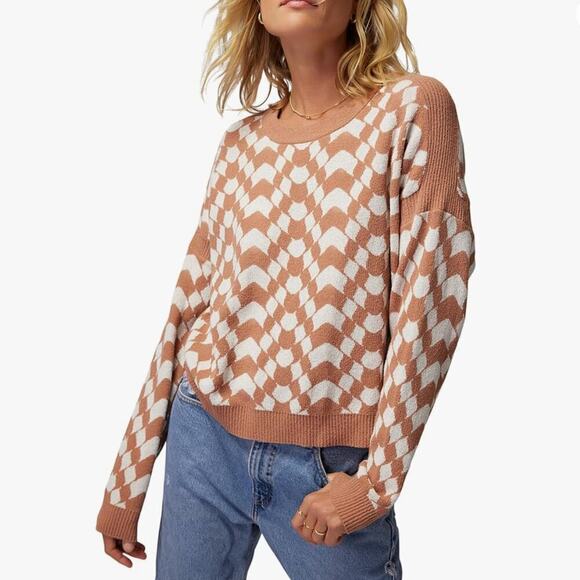 Spiritual Gangster Gemma Sweater Wavy Checkered Tan White Pullover Boxy SMALL - Picture 1 of 6